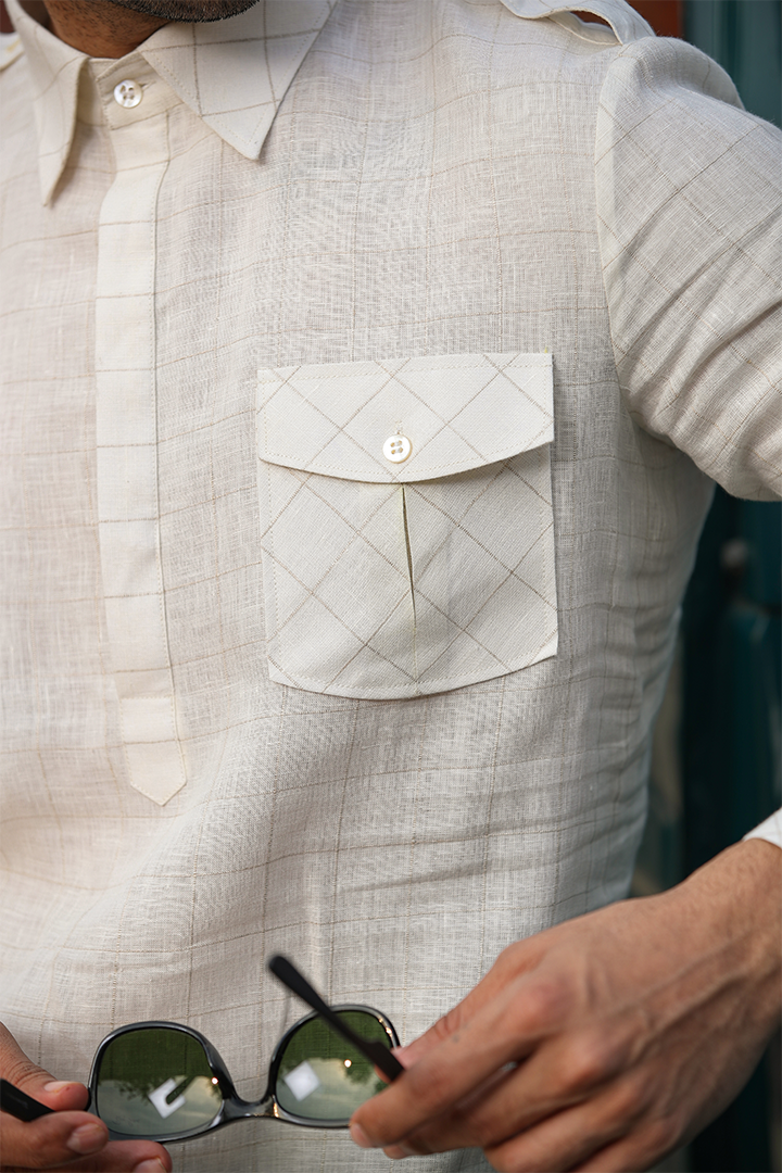 Beige Signature Mid Checkered Linen Kurta Shirt