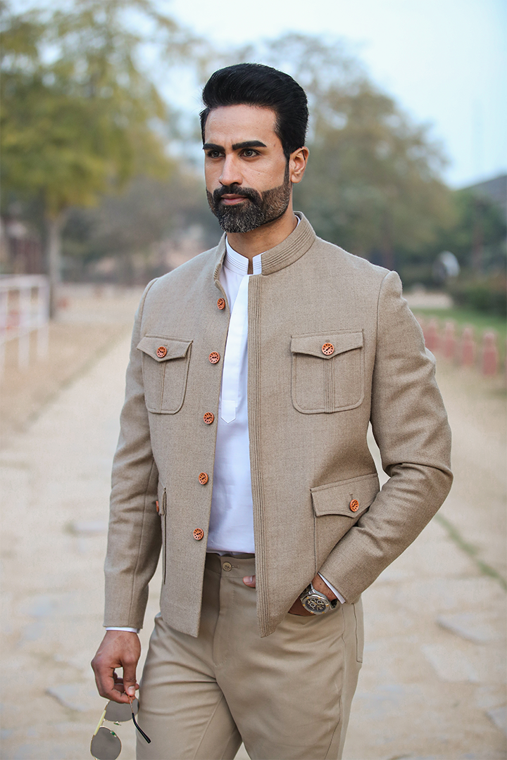Beige Mandarin Full Sleeves Bomber Jacket