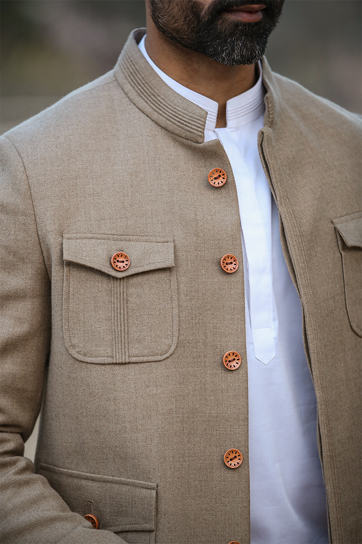 Beige Mandarin Full Sleeves Bomber Jacket