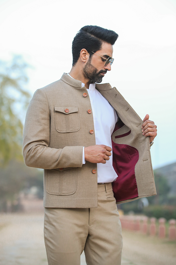 Beige Mandarin Full Sleeves Bomber Jacket