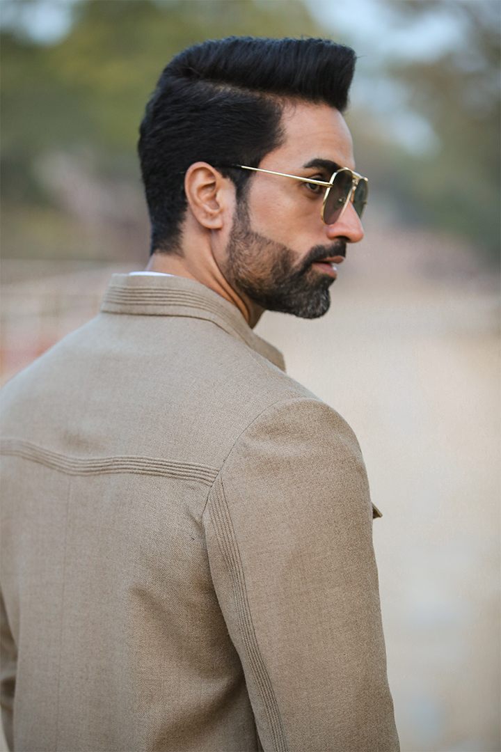 Beige Mandarin Full Sleeves Bomber Jacket
