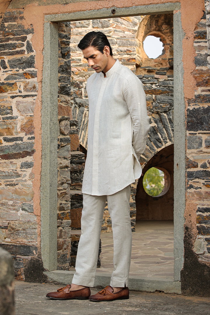 Cream Front Button Linen Kurta