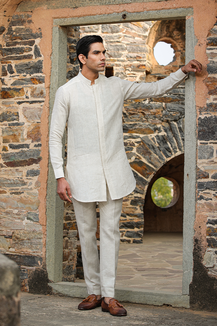 Cream Front Button Linen Kurta
