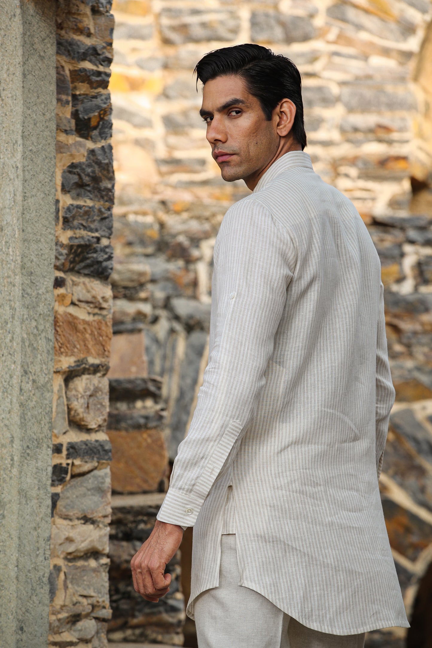 Cream Signature Reversible Striped Bandi & Kurta Set