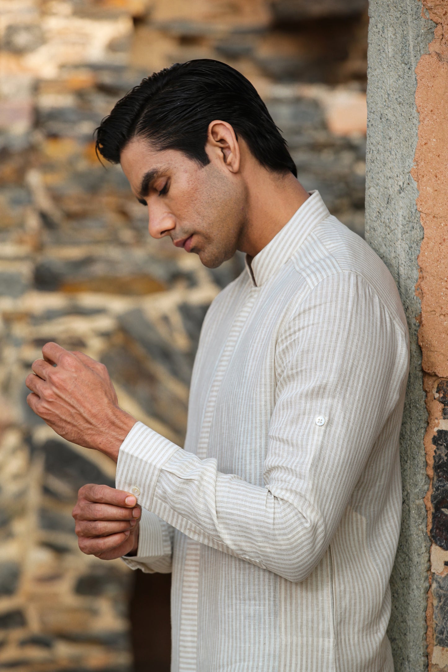 Cream Signature Reversible Striped Bandi & Kurta Set
