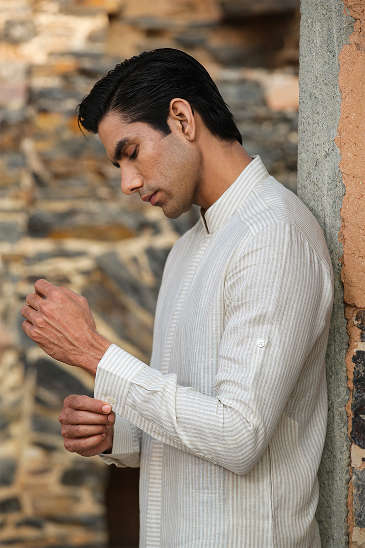 Cream Front Button Linen Kurta