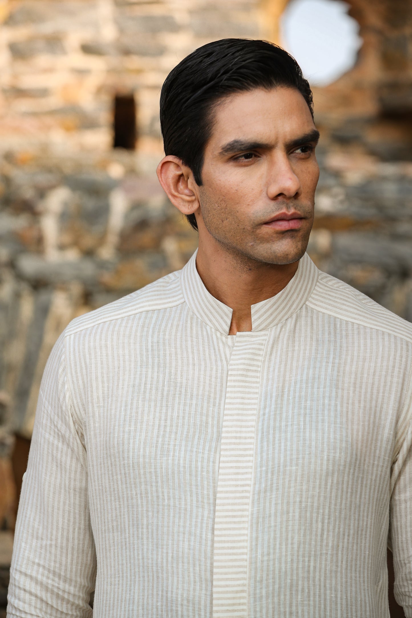 Cream Signature Reversible Striped Bandi & Kurta Set