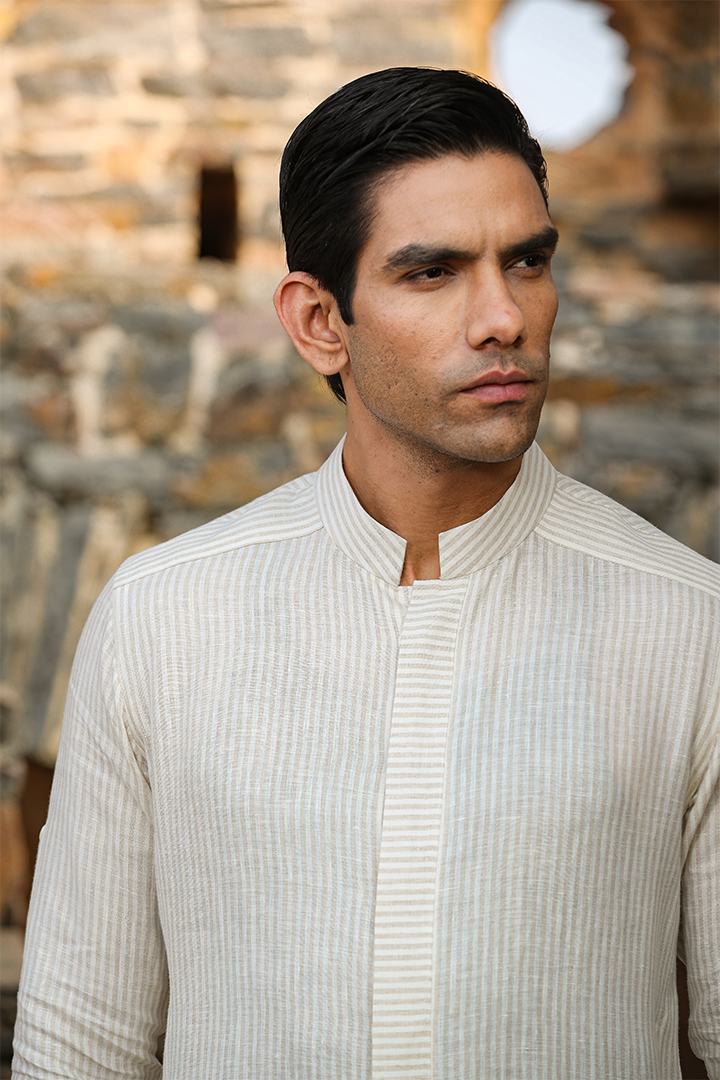 Cream Front Button Linen Kurta