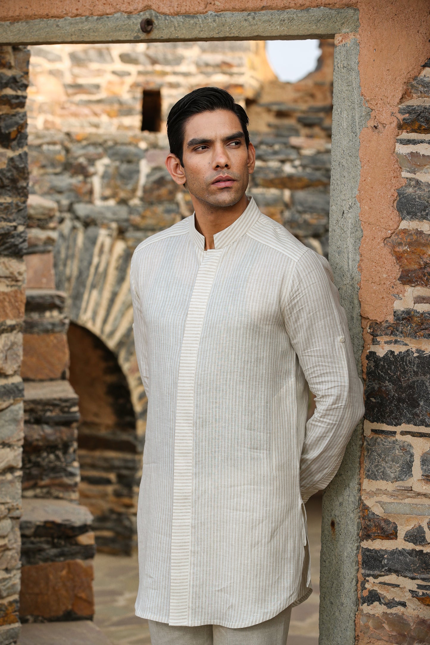 Cream Signature Reversible Striped Bandi & Kurta Set