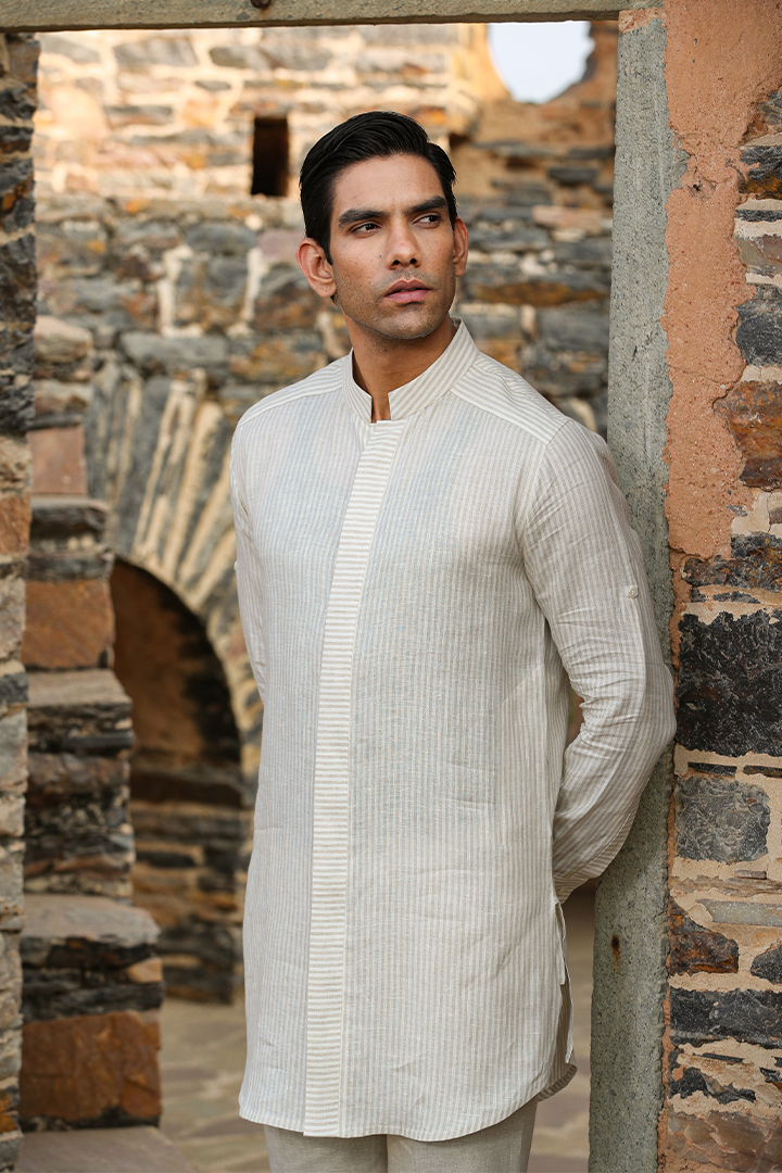 Cream Front Button Linen Kurta