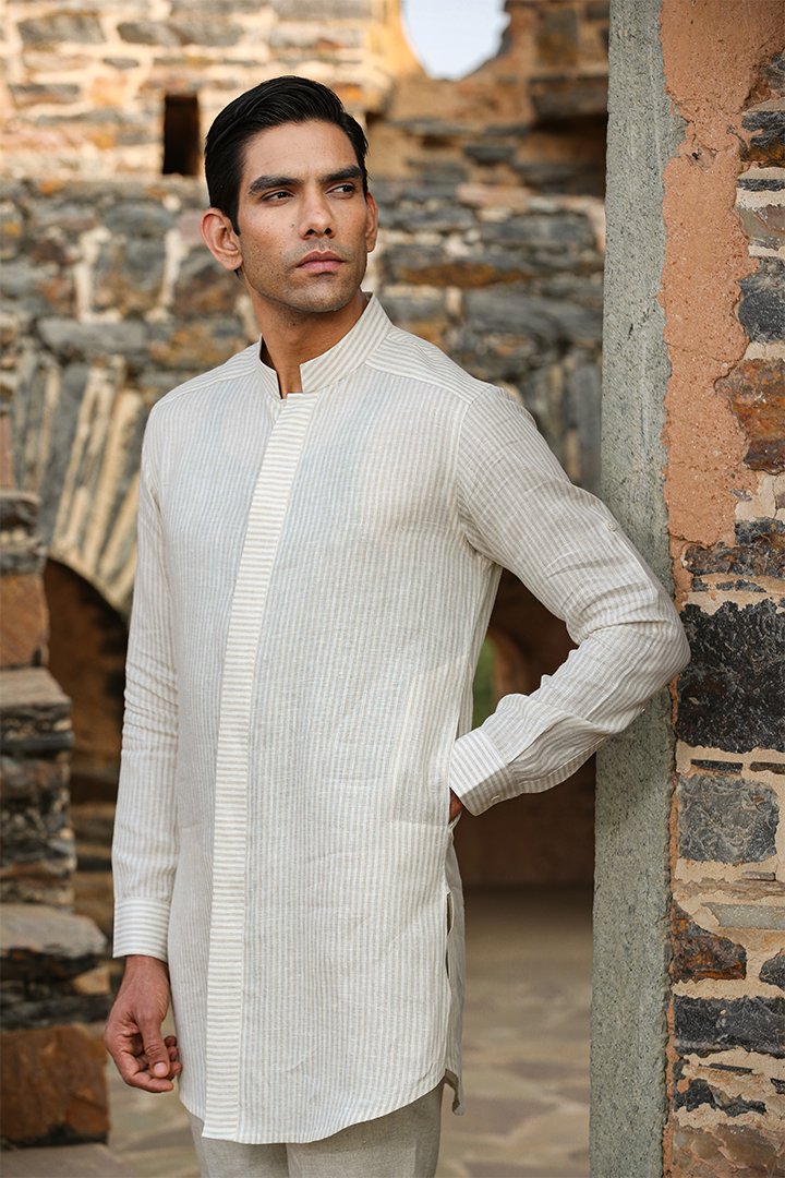 Cream Front Button Linen Kurta