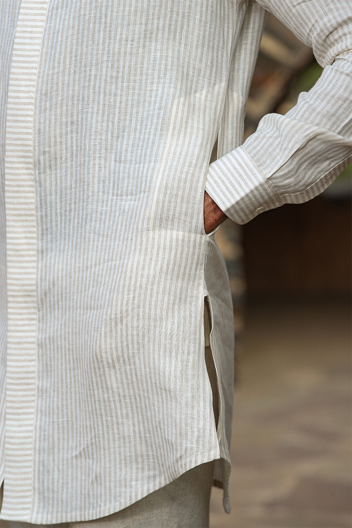 Cream Front Button Linen Kurta