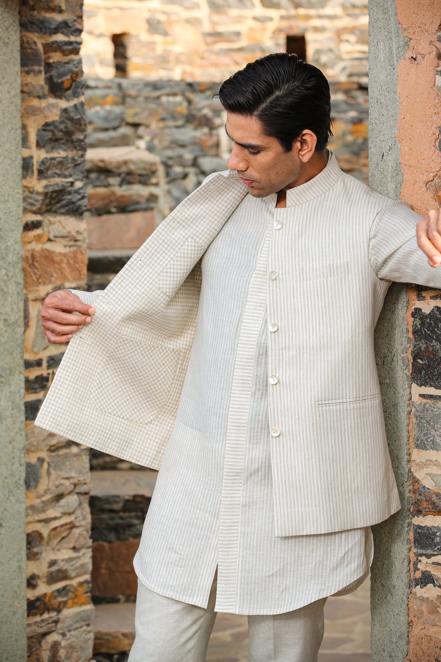 Cream Signature Reversible Striped Bandi & Kurta Set