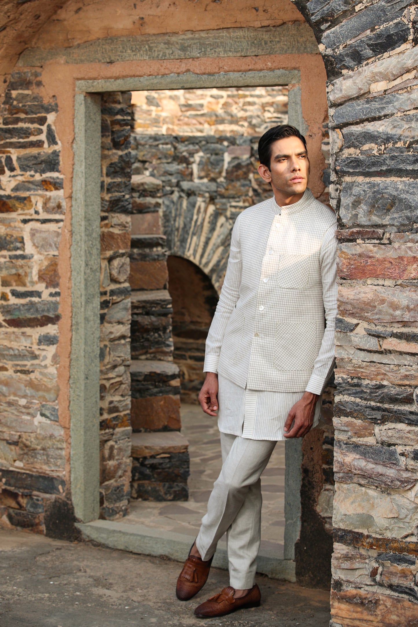 Cream Signature Reversible Striped Bandi & Kurta Set
