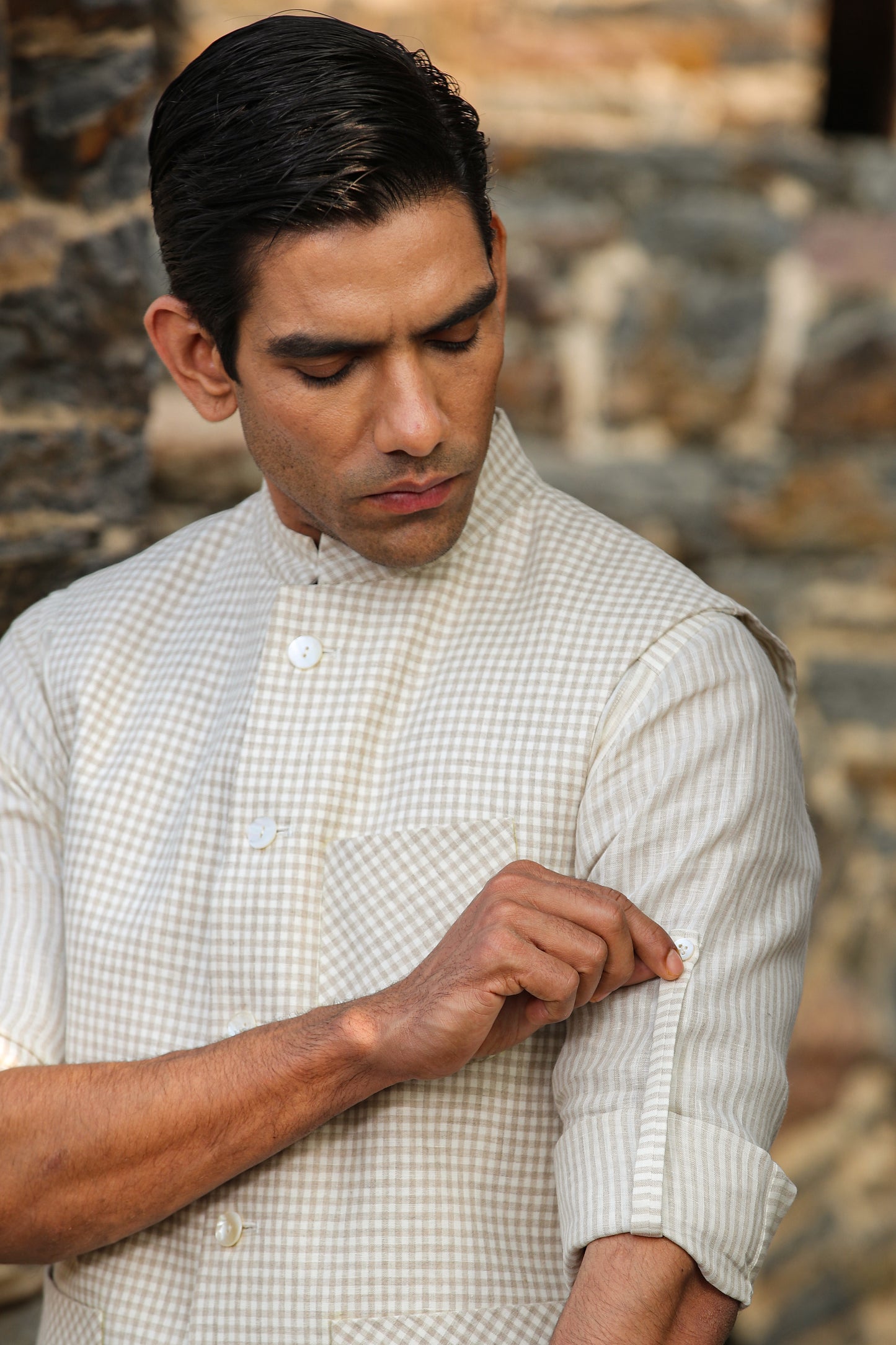Cream Front Button Linen Kurta