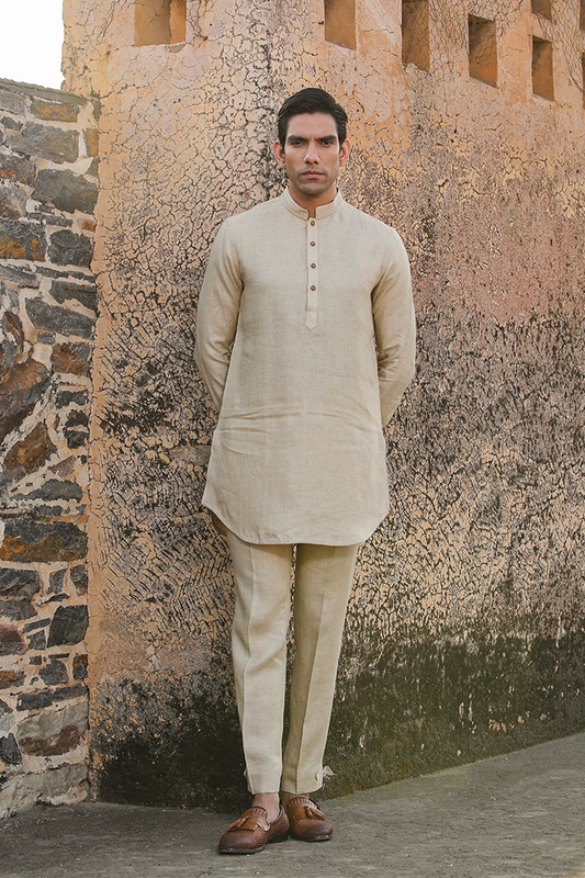 Beige Textured Linen Kurta
