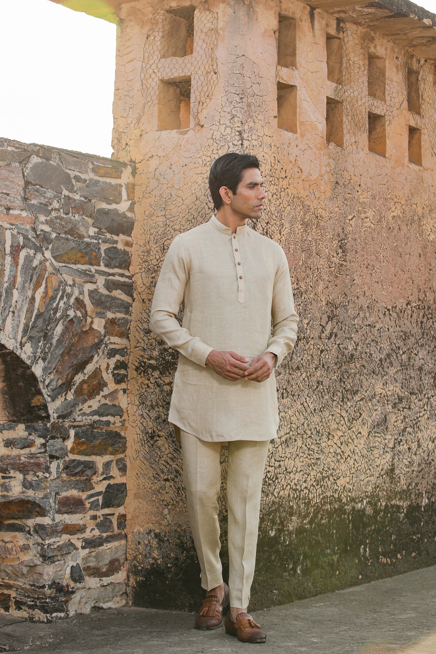 Beige Signature Reversible Checkered Bandi & Kurta Set