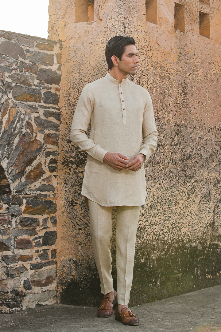 Beige Textured Linen Kurta