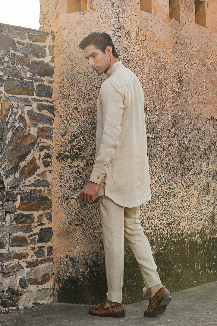 Beige Textured Linen Kurta