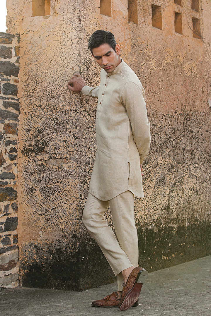 Beige Textured Linen Kurta