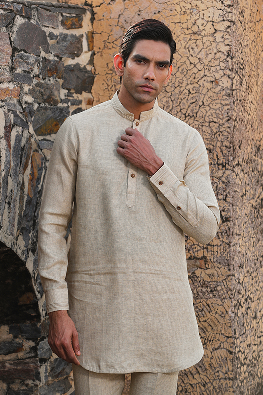Beige Textured Linen Kurta
