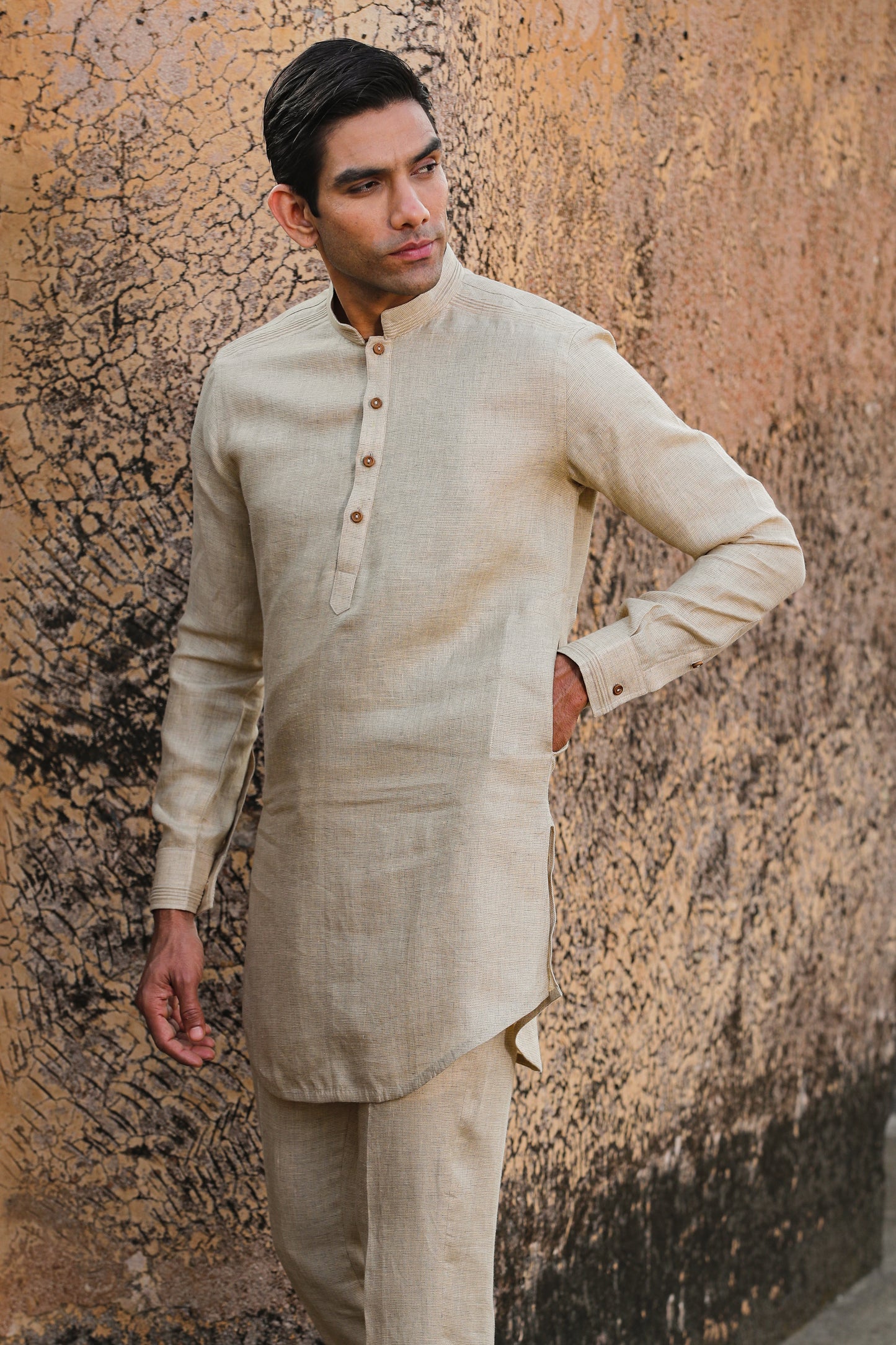 Beige Signature Reversible Checkered Bandi & Kurta Set