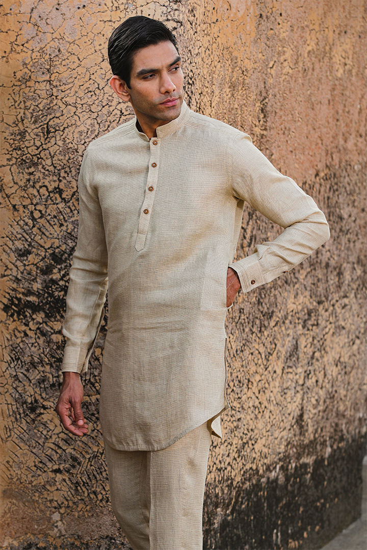 Beige Textured Linen Kurta