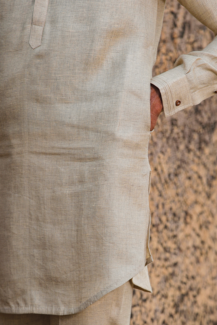 Beige Textured Linen Kurta