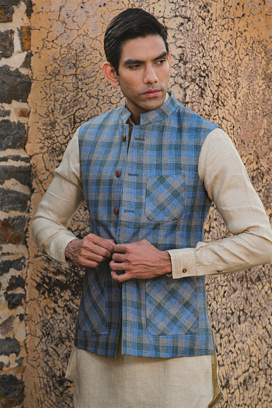 Beige Signature Reversible Checkered Bandi & Kurta Set