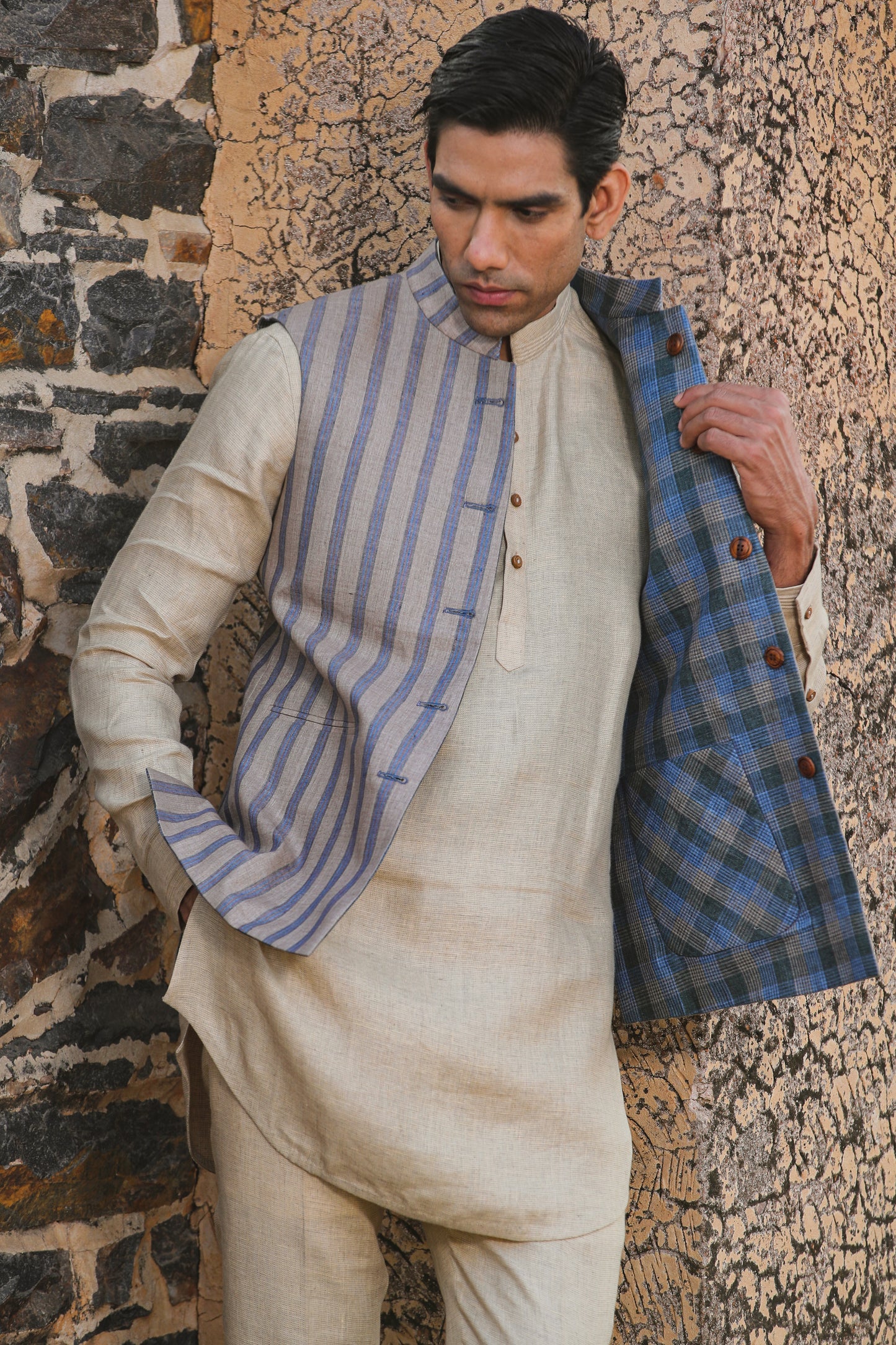 Beige Textured Linen Kurta