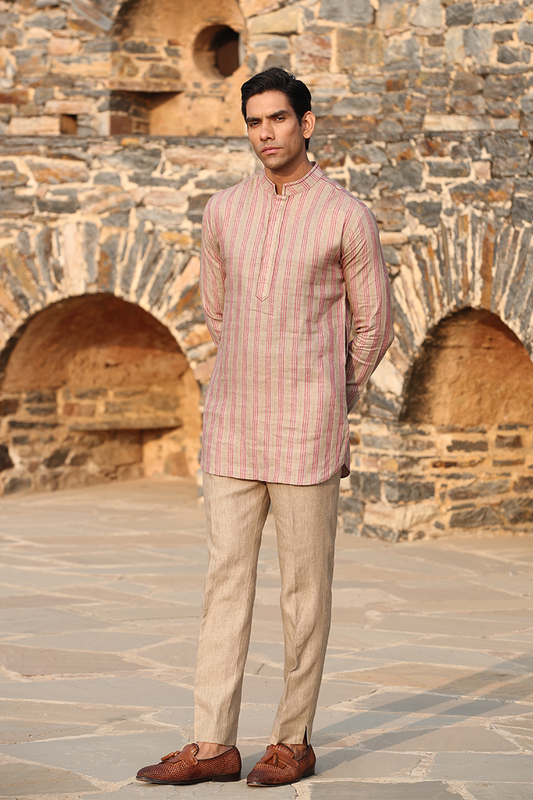 Beige & Red Striped Linen Kurta