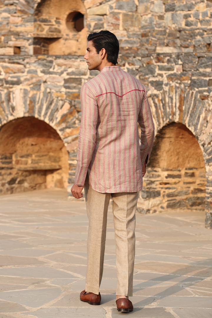 Beige & Red Striped Linen Kurta