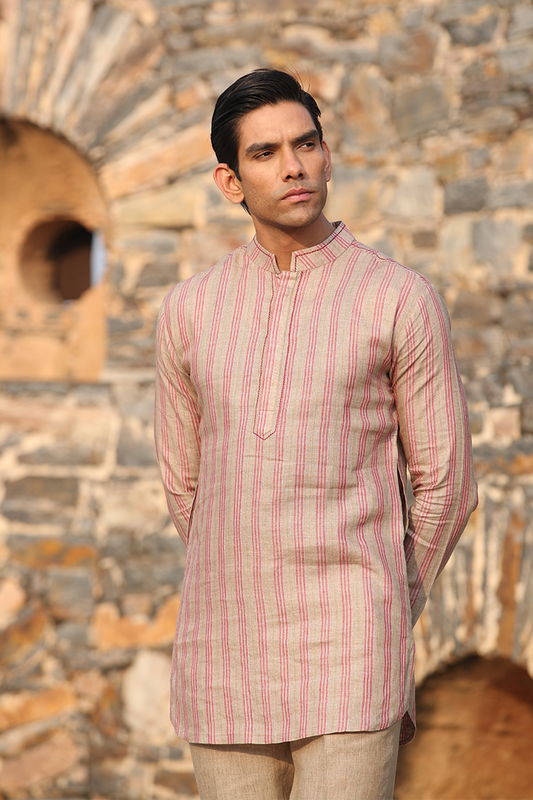 Beige & Red Striped Linen Kurta
