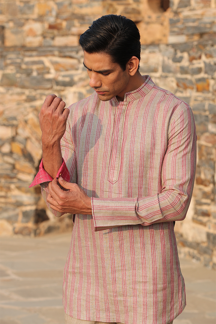 Beige & Red Striped Linen Kurta