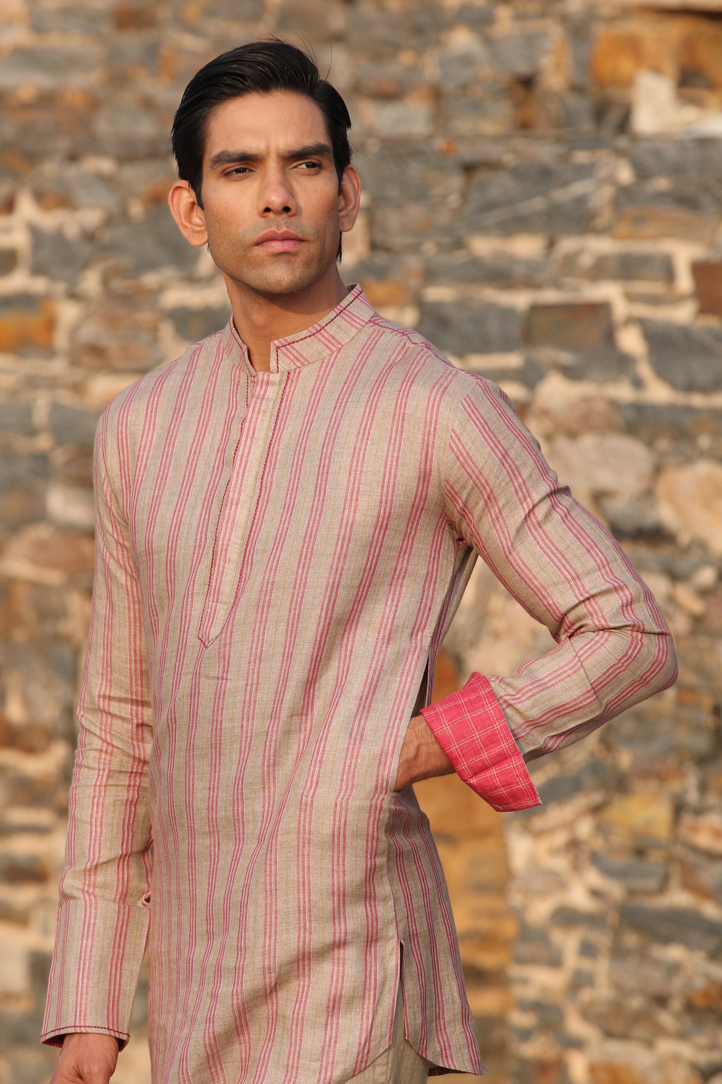 Red Checkered Bandi & Striped Kurta Set