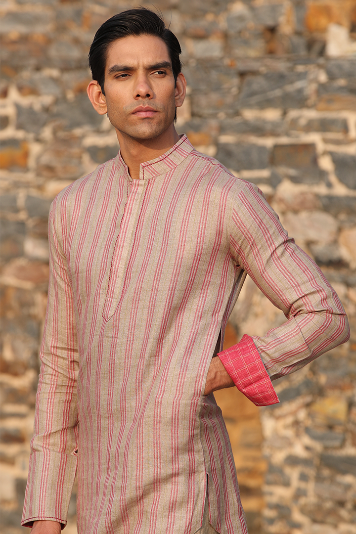 Beige & Red Striped Linen Kurta