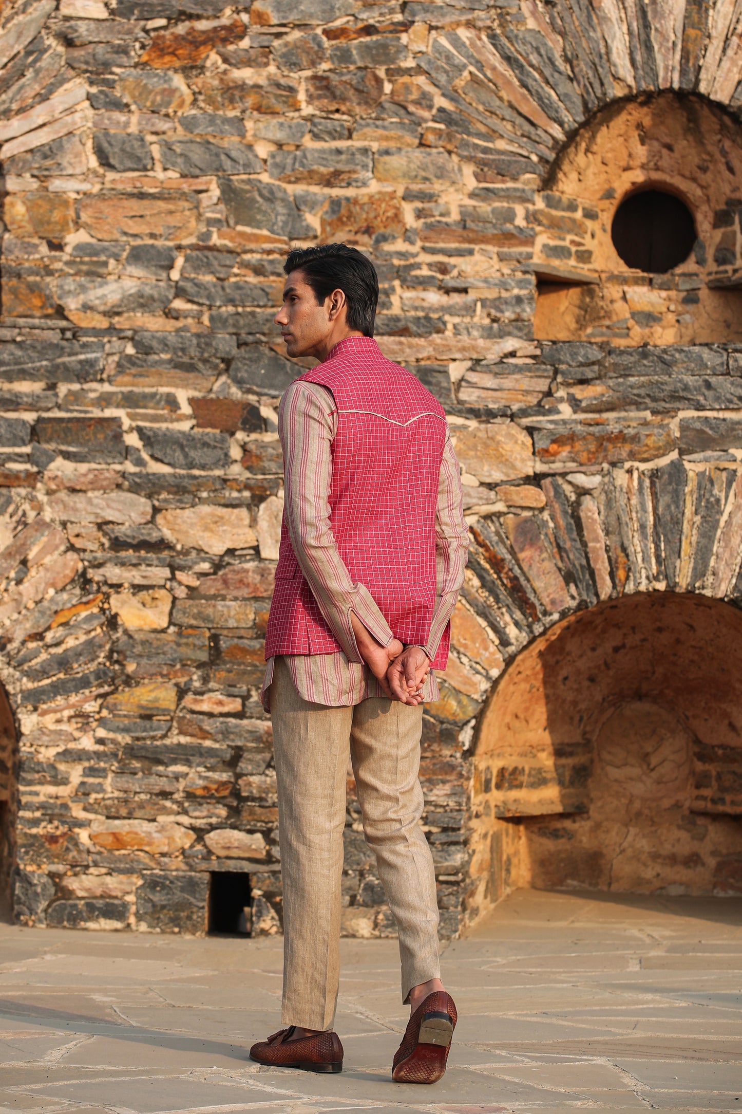 Red Checkered Bandi & Striped Kurta Set