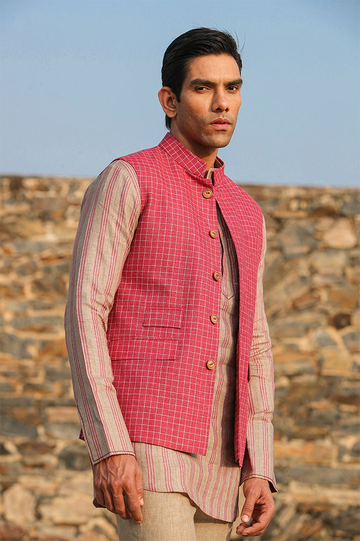 Red Checkered Bandi & Striped Kurta Set