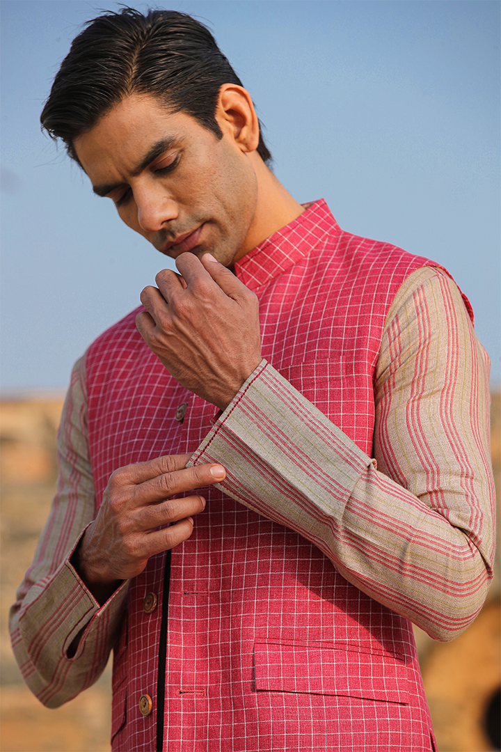 Red Checkered Bandi & Striped Kurta Set