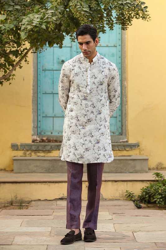 Cream Floral Linen Kurta