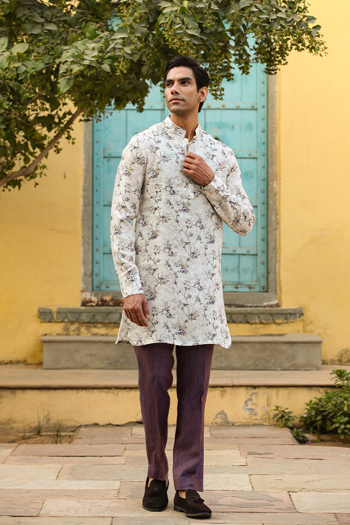 Cream Floral Linen Kurta
