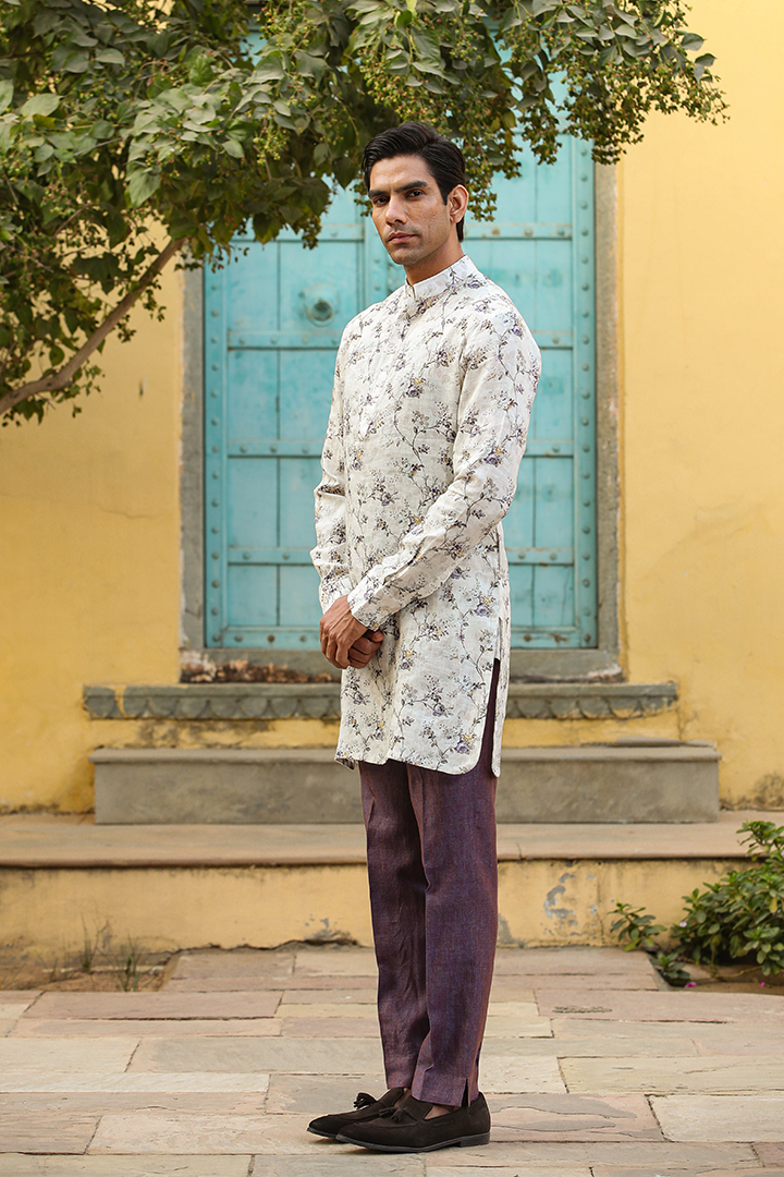 Cream Floral Linen Kurta