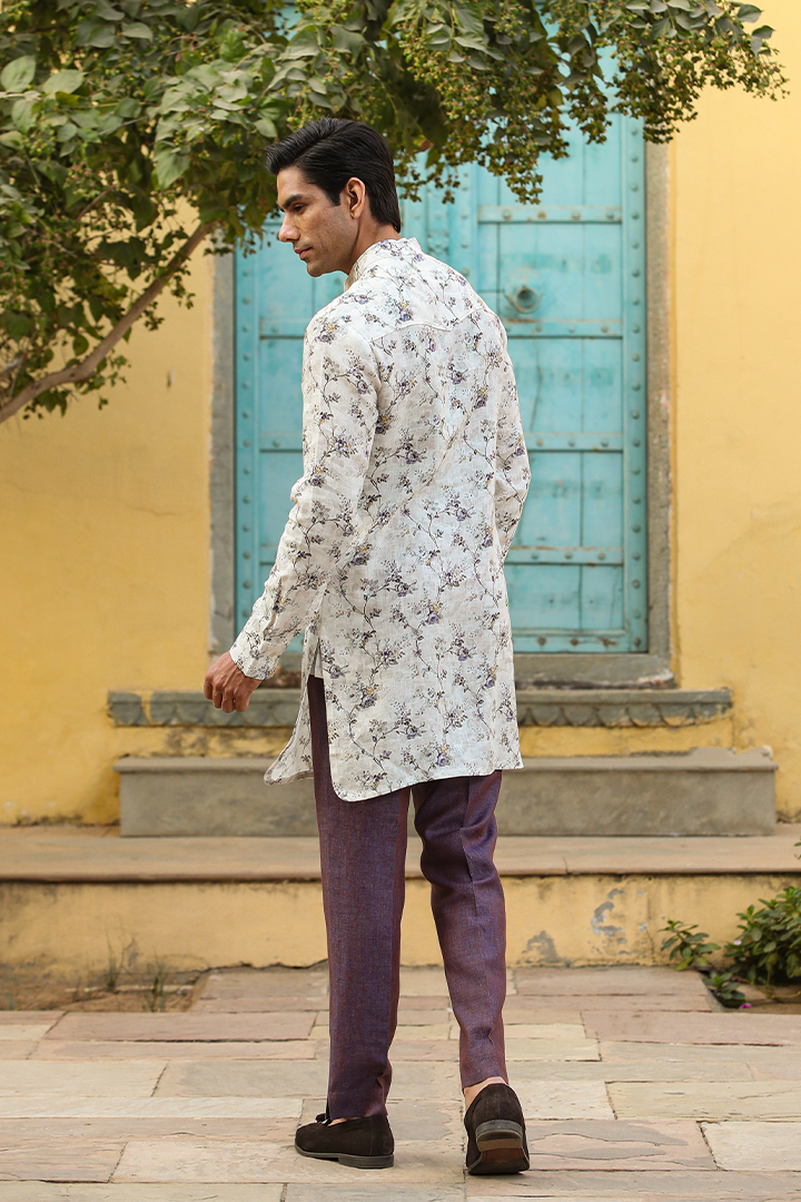 Cream Floral Linen Kurta