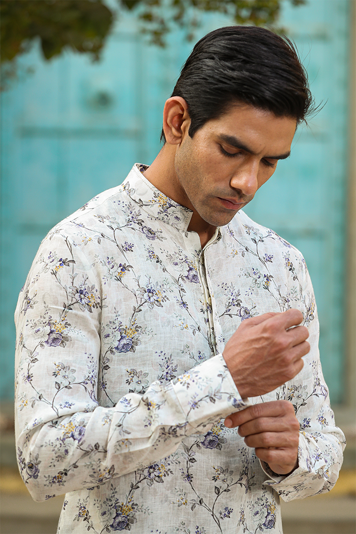 Cream Floral Linen Kurta