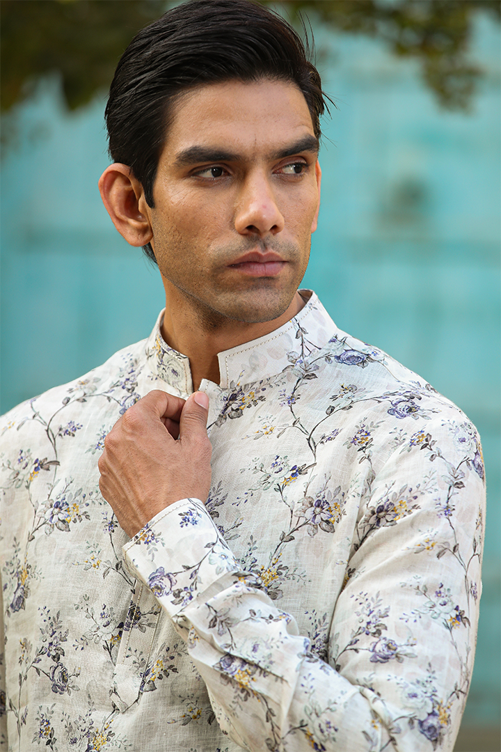 Cream Floral Linen Kurta