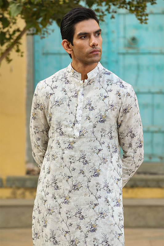 Cream Floral Linen Kurta