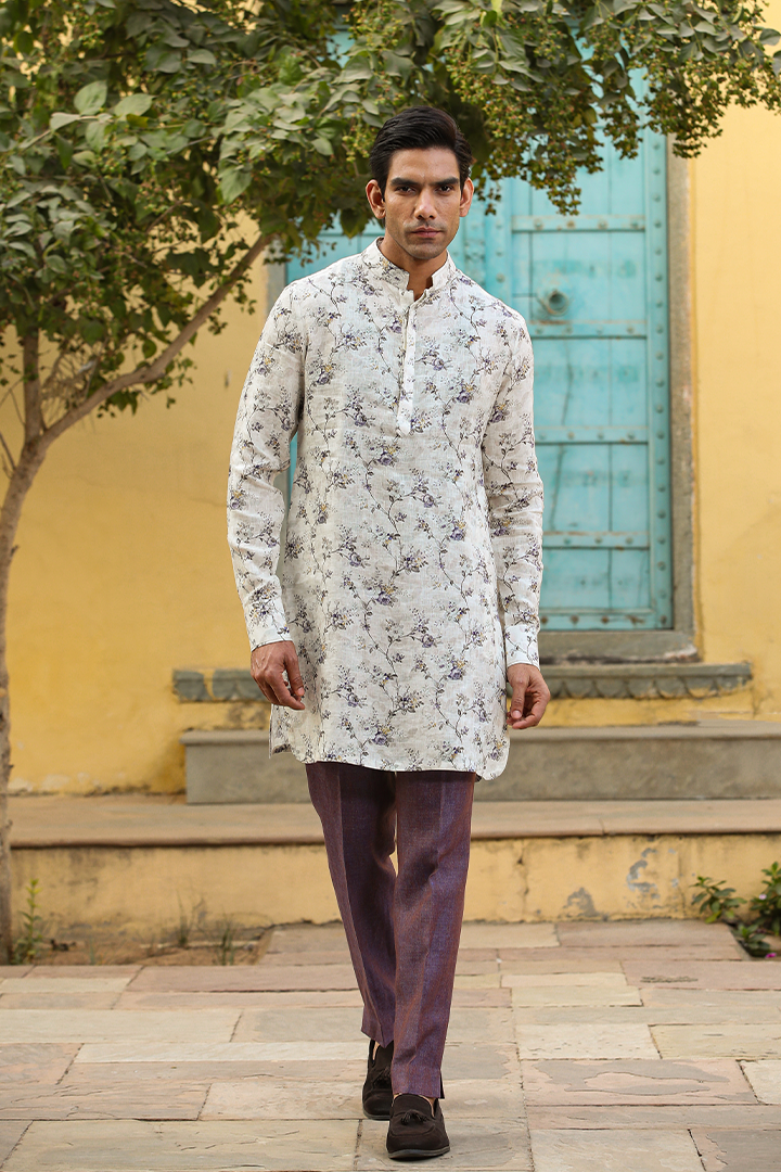 Cream Floral Linen Kurta