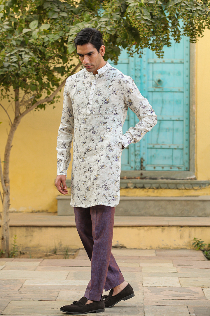 Cream Floral Linen Kurta