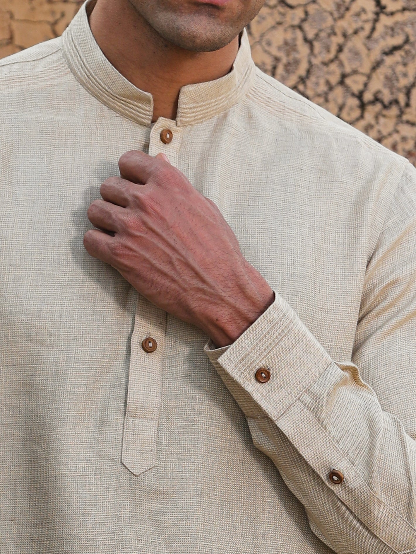 Beige Textured Linen Kurta