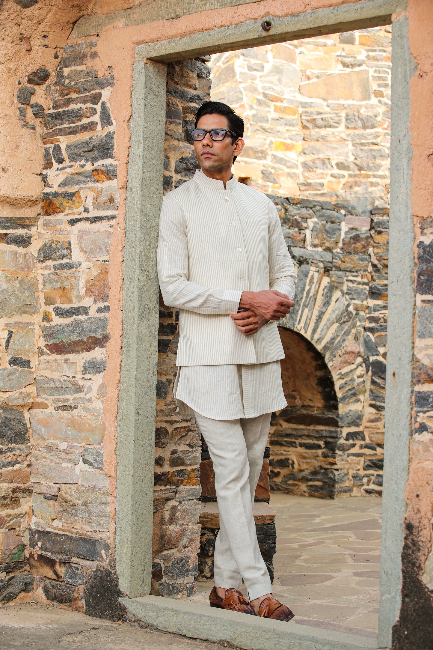 Cream Signature Reversible Striped Bandi & Kurta Set